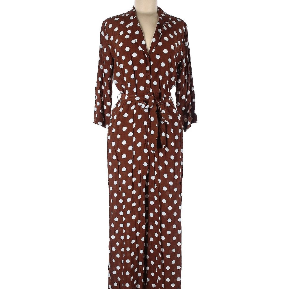 Mango Brown and White Polka Dot Jumpsuit